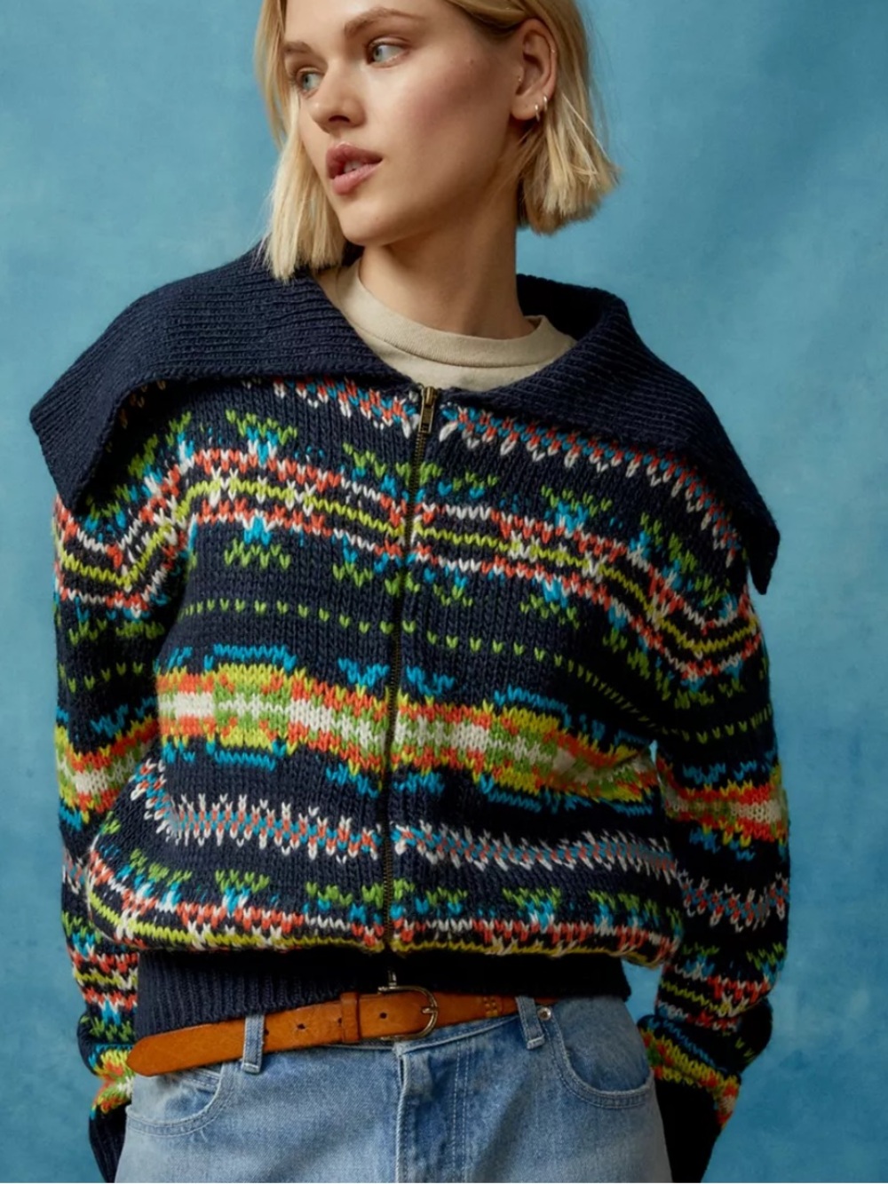 BDG Navy Multicolor Fair Isle Zip-Up Cardigan Jacket